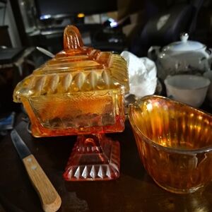 Amber Glass Candy Dish and Creamer Set